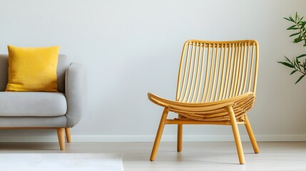 Exquisite bamboo furniture craftsmanship for interior elegance. A stylish, minimalist living space featuring a modern wicker chair and a cozy gray sofa with a vibrant yellow cushion.
