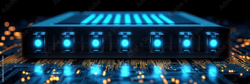 Poster sleek, illuminated network device on a circuit board, symbolizing advanced technology and connectivi