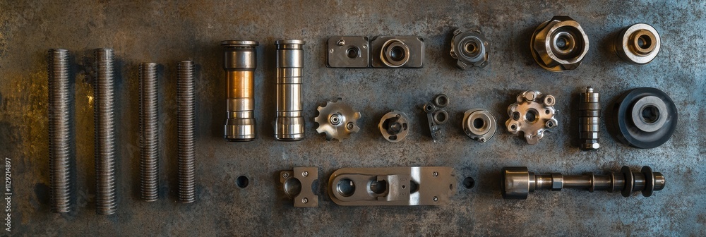 Poster car engine components like pistons, gears, and valves arranged on a metallic surface for added text.