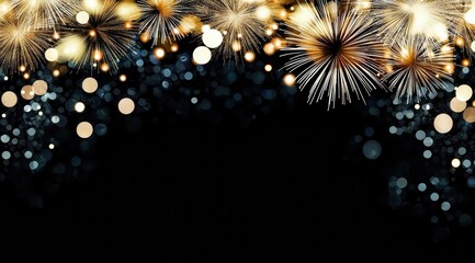 Festive new year's background featuring golden fireworks exploding and bokeh lights, creating a celebratory atmosphere against a black backdrop