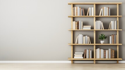 Exquisite bamboo furniture craftsmanship for interior elegance. A modern wooden bookshelf filled with books, complemented by a small potted plant, set against a minimalist gray wall.