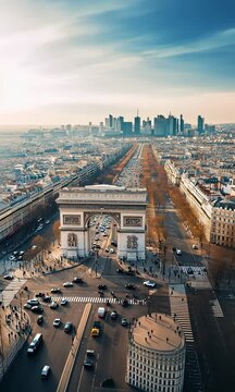 Stunning aerial view of Arc de Triomphe and Paris skyline during a clear day in the heart of the city