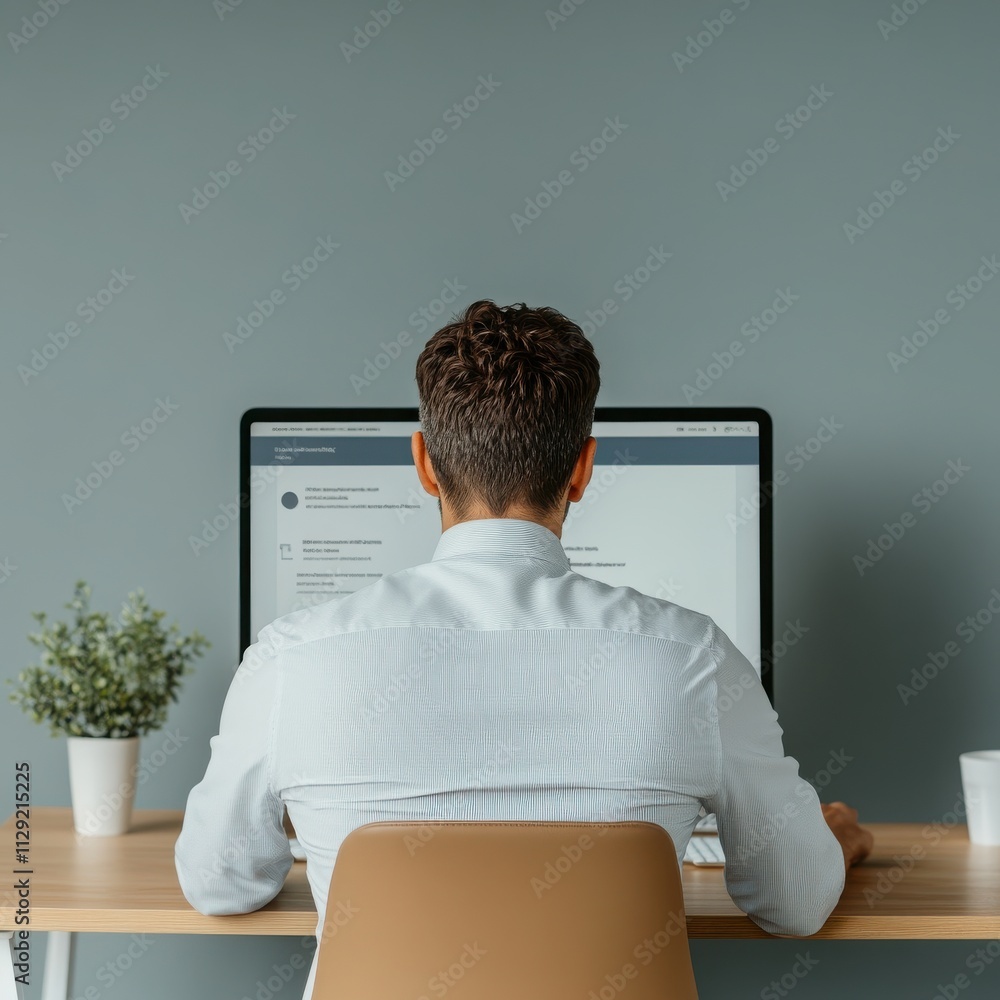 Poster a focused professional working at a modern desk, engaging with digital content on a computer screen,