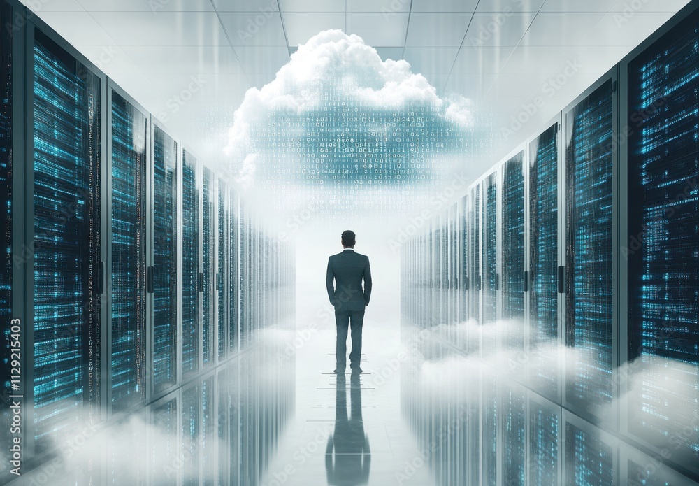 Poster man in business suit stands in a modern data center surrounded by cloud technology and digital envir