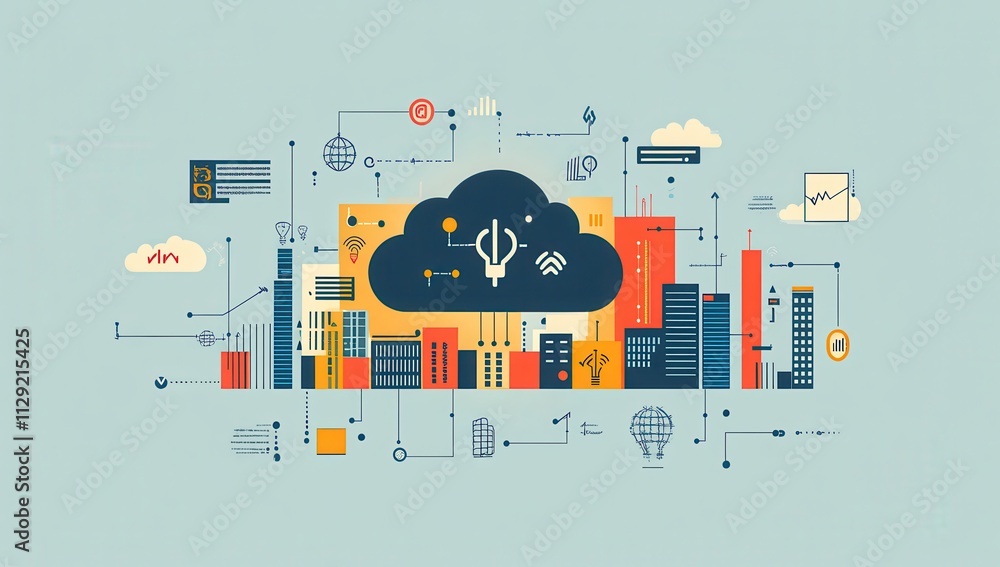 Poster modern cityscape with cloud computing concept featuring digital networking elements, data security, 
