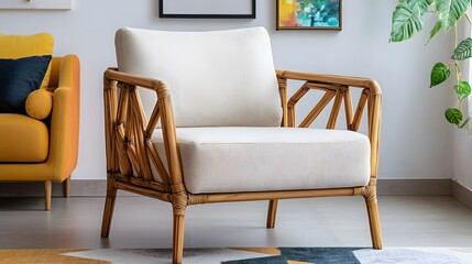 Exquisite bamboo furniture craftsmanship for interior elegance. A stylish, modern rattan chair with a light cushion, set in a bright, contemporary living space adorned.