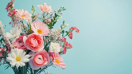 Pastel pink and white flower bouquet on blue background.