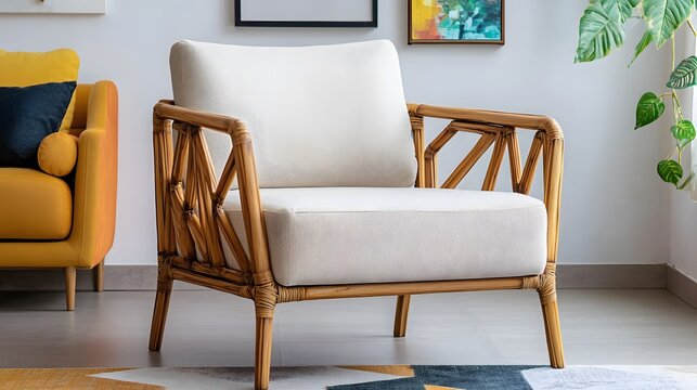Exquisite bamboo furniture craftsmanship for interior elegance. A stylish, modern rattan chair with a light cushion, set in a bright, contemporary living space adorned.