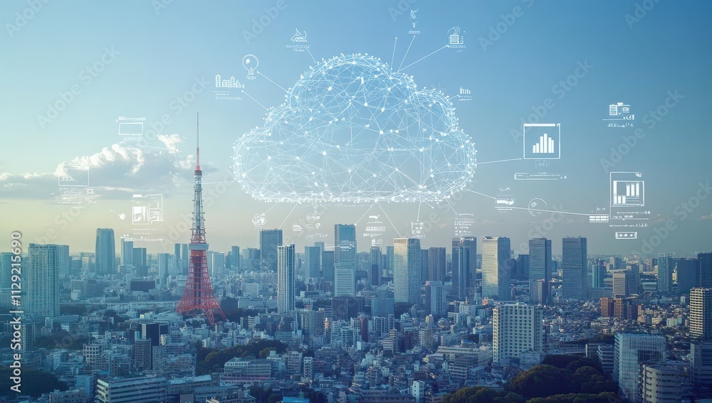 Poster modern cityscape with cloud computing technology overlay featuring urban skyline, communication netw