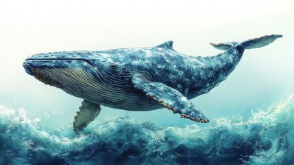 Fototapeta premium Realistic Blue Whale Illustration in Watercolor Style. Generative AI