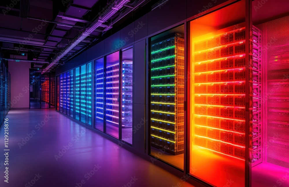 Poster modern data center with colorful led lighted server racks displaying vibrant colors in a sleek techn