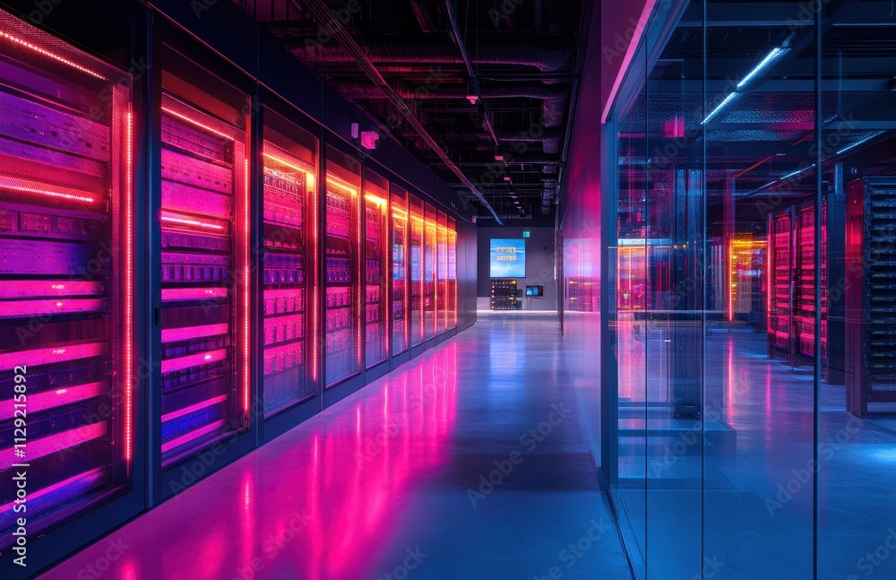 Poster modern data center with neon lighting and advanced technology featuring rows of server racks and a s
