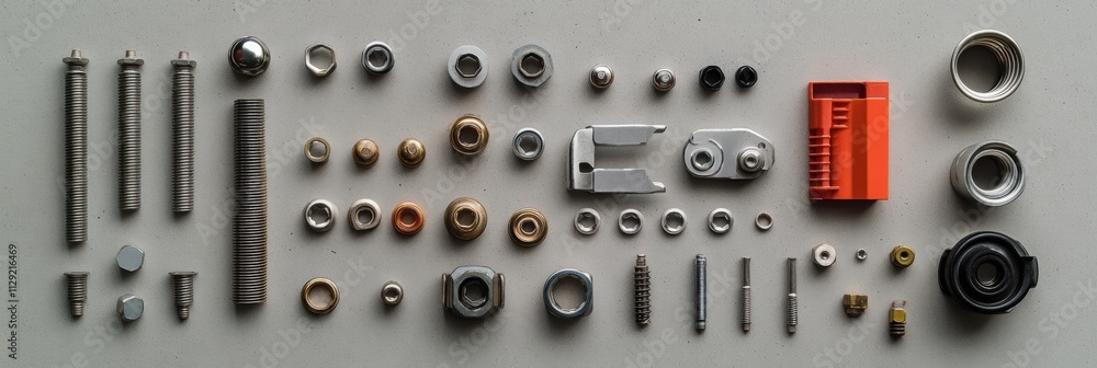 Poster Various car parts and tools including bolts, nuts, spark plugs, and wrenches are organized on a flat surface, leaving space for additional text. Generative AI
