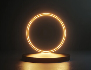 A golden, circular, glowing frame on the stage, with soft lighting and no shadows, creates an elegant atmosphere. The background is a dark brown