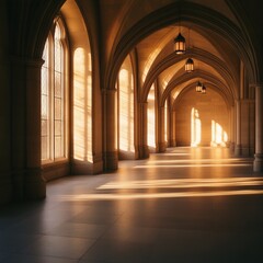 sunlight streaming through arches in a serene hallway