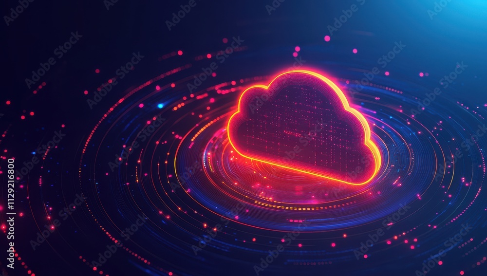 Aufkleber Neon Cloud Icon Surrounded by Glowing Circles with Digital Data Flowing in a Dark Background for Technology and Cloud Computing Concepts