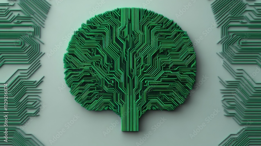 Poster green circuit brain: abstract representation of artificial intelligence, a brain shaped from green c