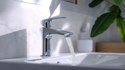 Sleek Chrome Faucet with Flowing Water