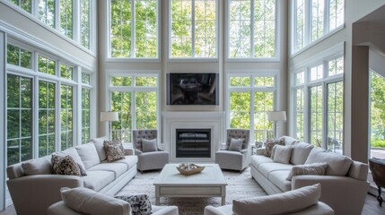 Fototapeta premium Elegant Modern Living Room with Large Windows and Natural Light