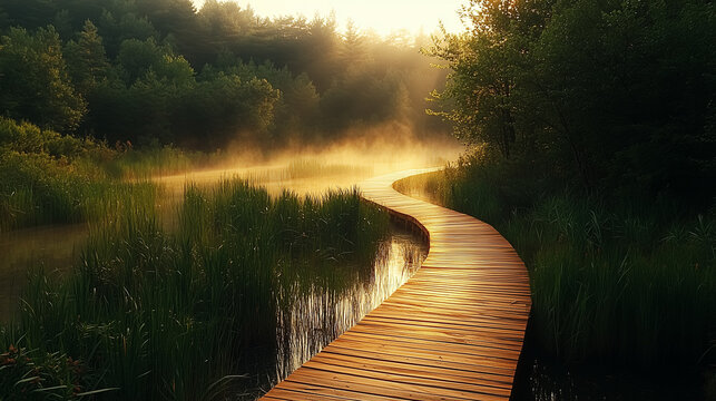 Wooden boardwalk winding through misty wetland in national park - Powered by Adobe