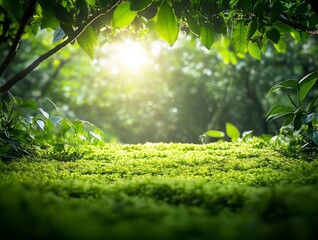 A lush forest floor with bright green moss and filtered sunlight, offering a natural and vibrant background for versatile use