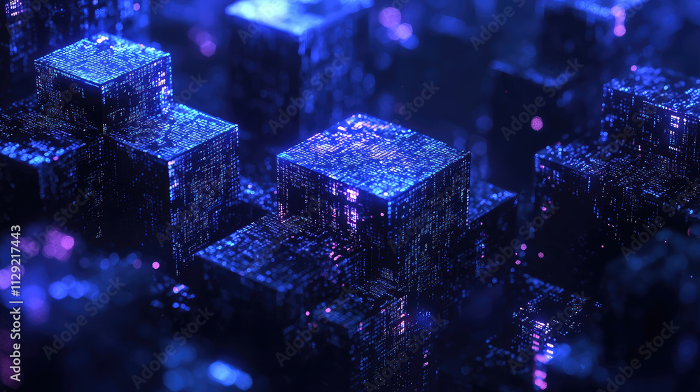 Poster futuristic dark digital space with glowing data cubes for abstract technology backgrounds