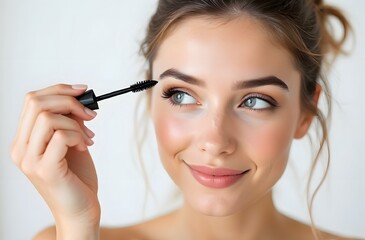 A smiling woman is applying mascara to her lashes with a mascara wand, accentuating them. She has clear blue eyes and glowing skin. Perfect for advertising a product catalog.