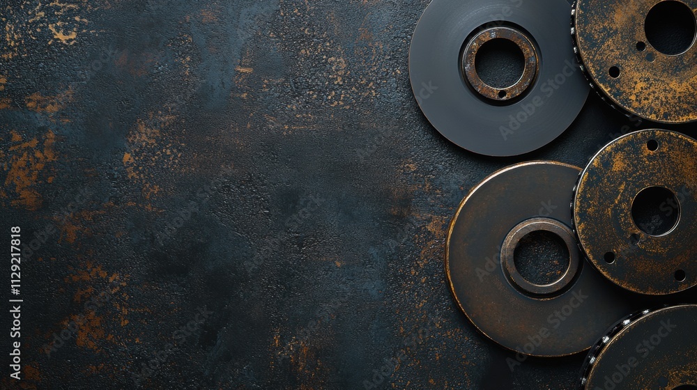 Fototapete Close-up view of rusty brake pads and discs positioned on a dark surface, creating a perfect area for insertion of textual details. Generative AI