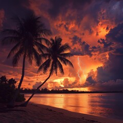 dramatic sunset with lightning over calm waters and palm trees