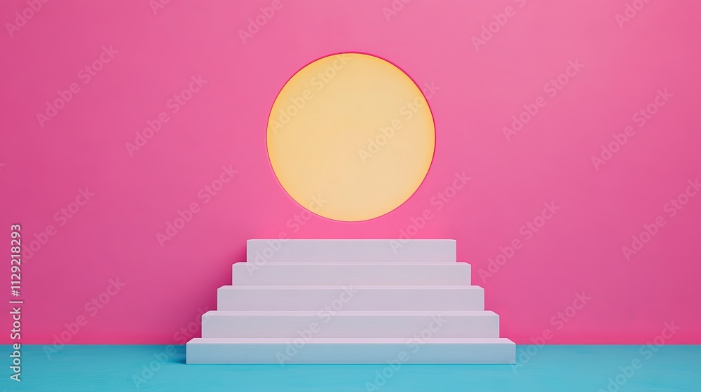 Poster minimalist product display: a 3d rendering of a white podium with five steps, set against a vibrant 