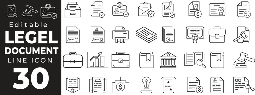 Legal documents set of web icons in line style. Document linear icons collection. Containing passport, contract, agreement, ID card, certificate, license, law, justice. Editable stroke