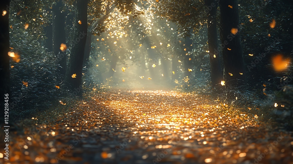 Poster a serene forest path illuminated by soft light, with leaves gently falling around.