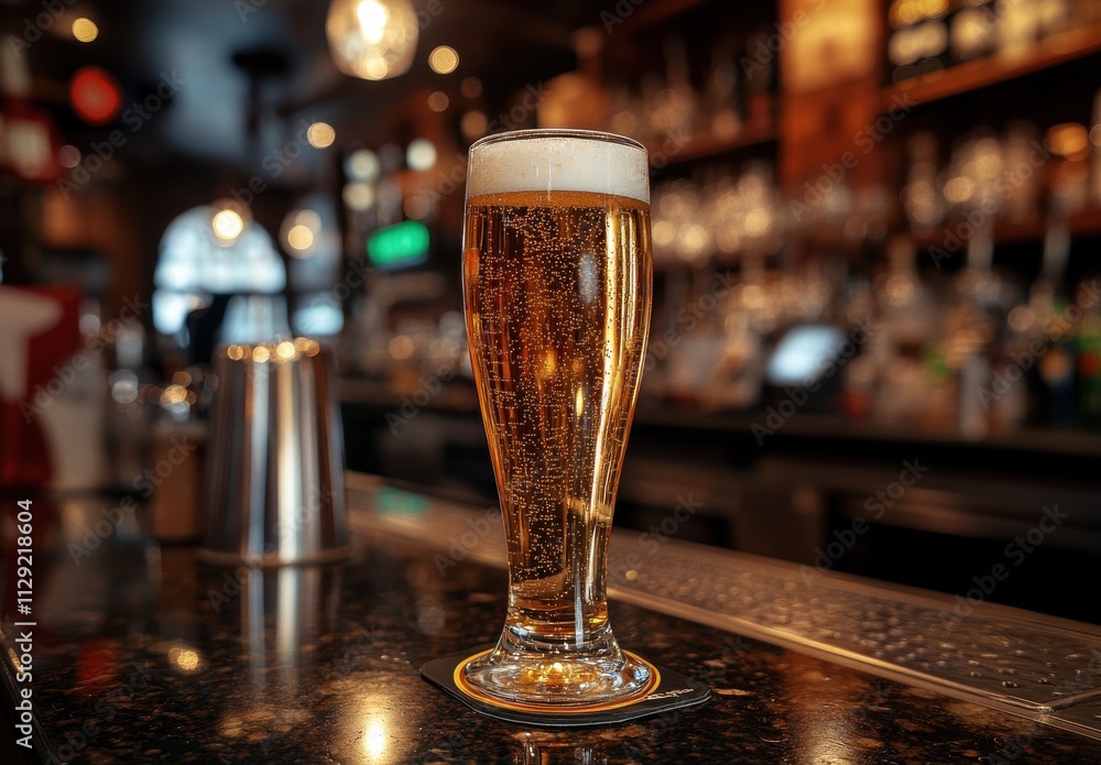 Poster refreshing glass of beer on a bar counter surrounded by soft lighting and blurred background in a co