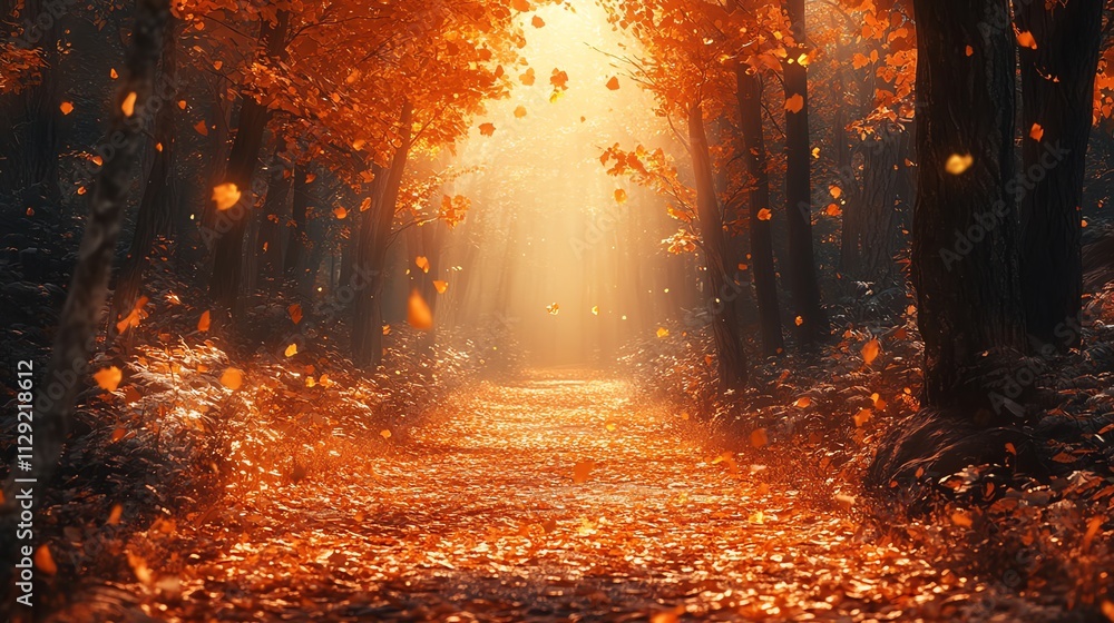 Poster a serene forest path illuminated by autumn light and falling leaves.