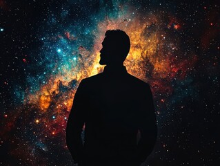 Silhouette of a man against cosmic background outer space digital art mystical universe side view identity exploration