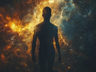 Silhouette of a man against cosmic background digital art high fidelity universe creative perspective mystery of existence
