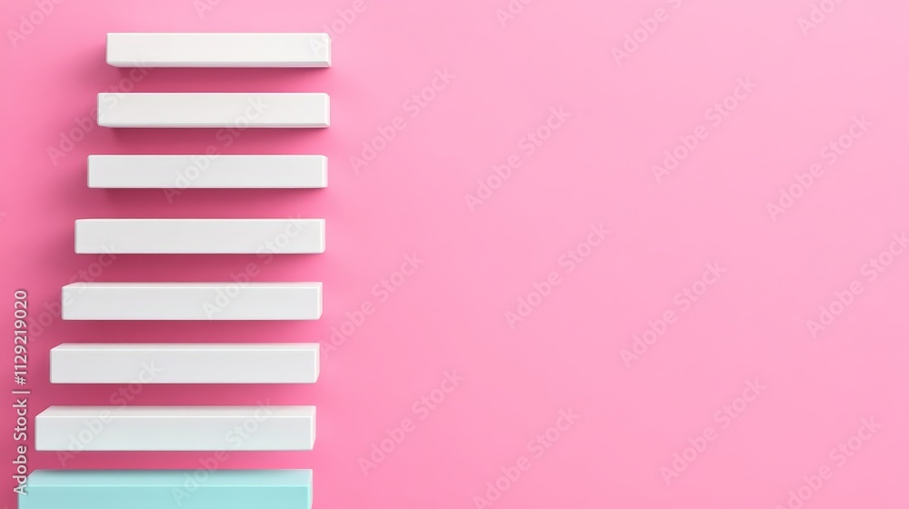 Poster ascending steps: a minimalist concept: a series of white rectangular steps ascending on a vibrant pi