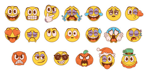Fototapeta premium Vector Emoticons Or Emoji Cartoon Groovy Set Illustration Isolated