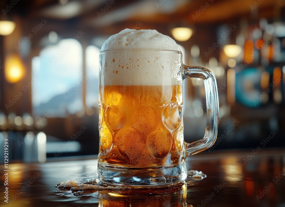 Poster refreshing glass of golden beer with thick foam on a rustic wooden table in a cozy bar atmosphere su