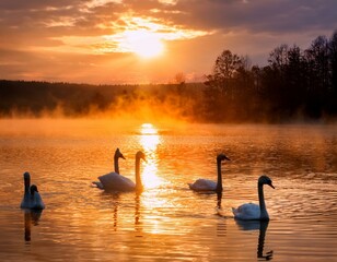 Tranquil Moments: Swans and Sunrise Harmony