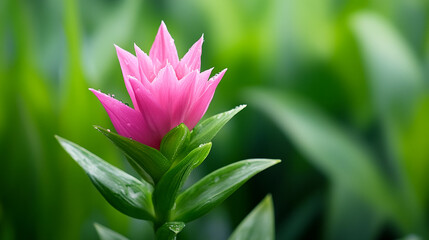 Close-up of a vibrant pink flower with lush green background.