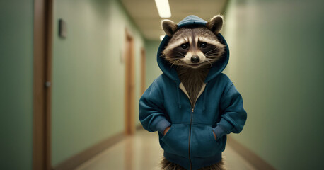 Raccoon in a Blue Hoodie Stands in a Hallway at Night