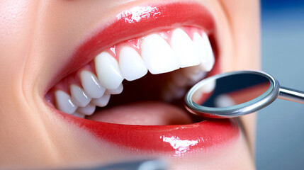 Close-up of smiling mouth during dental check-up with mirror tool.