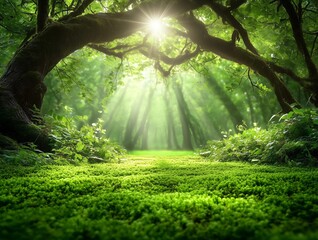A lush forest floor with bright green moss and filtered sunlight, offering a natural and vibrant background for versatile use