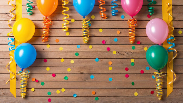 Colorful balloons and confetti creating festive party atmosphere on wooden background - Powered by Adobe