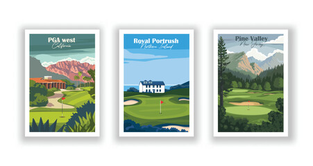 Golf Course. Vector modern illustration of PGA West golf courses, California, Royal Portrush Golf Club, Northern Ireland, Pine Valley Golf Club, New Jersey 