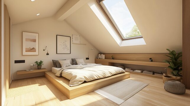 Minimalist attic bedroom with sloped ceilings and skylights