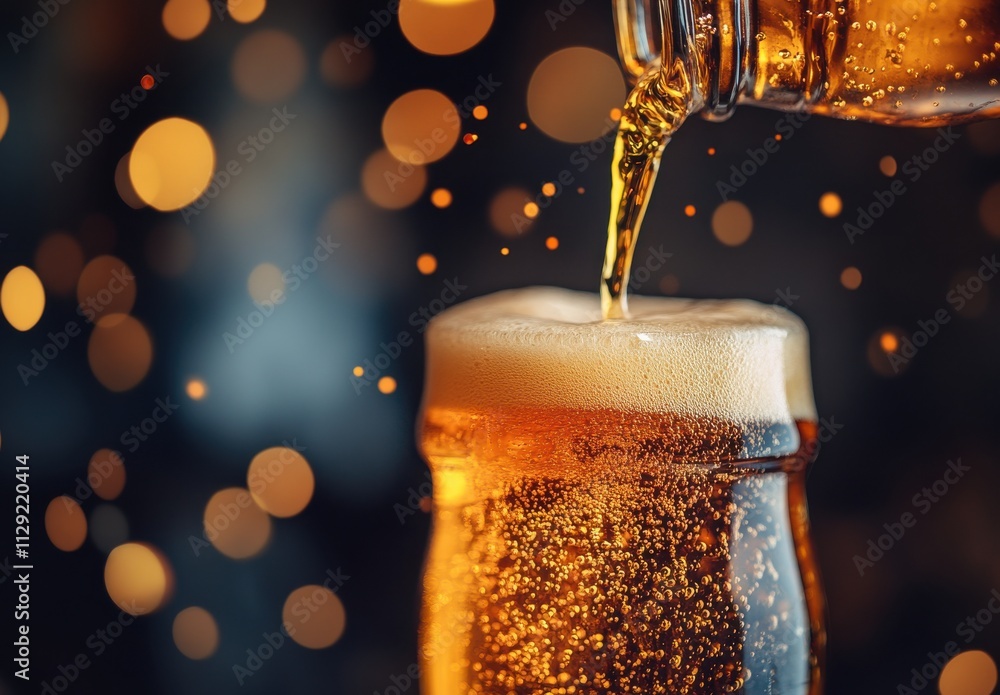 Poster refreshing golden lager with foam overflowing from a glass in an ambient setting with soft bokeh eff