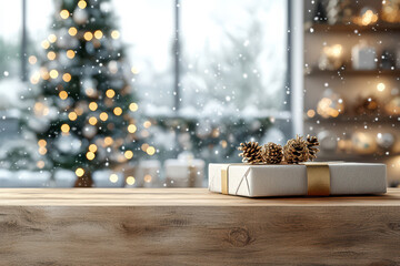 Cozy and warm Xmax scene of a wooden table surrounded by Christmas decorations 
