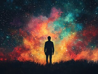 A man's silhouette against a cosmic explosion night sky digital art starry environment wide view exploration and wonder